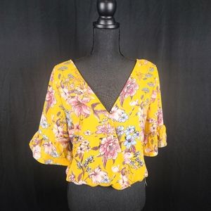 NWT Live To Be Spoiled Size XL Mustard Yellow Floral Faux Wrap Top